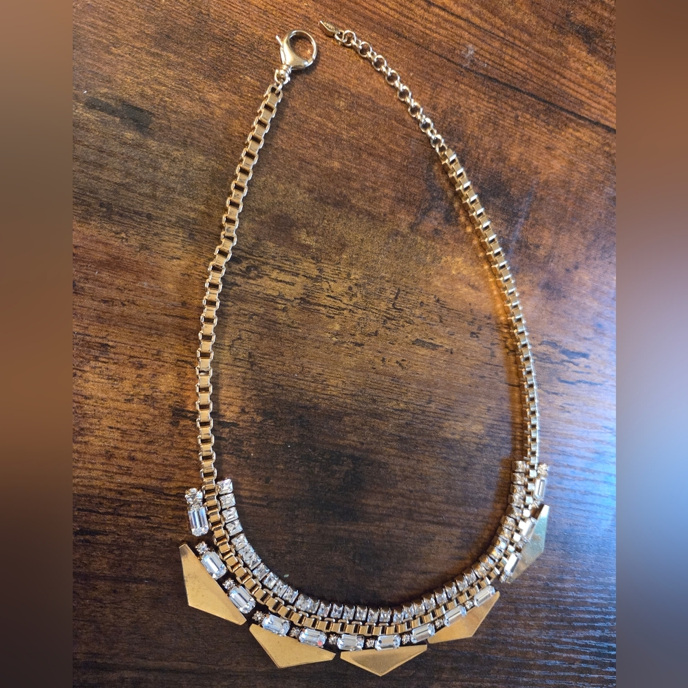 Chunky Fossil Goldtone and Clear Stone Geometric Necklace